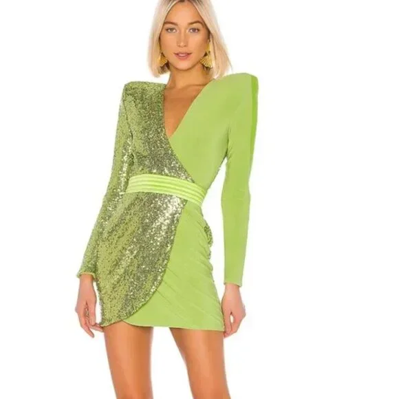 Zhivago Adenine Dress Lime Green XS NEW WITH TAGS Shoulder pads Sequine US 2